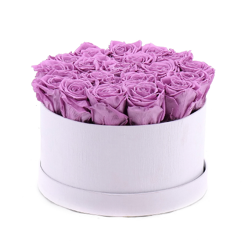 In eterno bílý kulatý box "L" 19 fialových růží