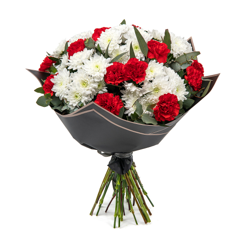 Pohřební kytice z bílých chryzantém a červených karafiátů
