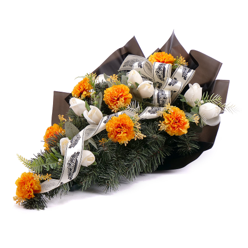 Irigo smuteční kytice oranžovo-bílé karafiáty a růže