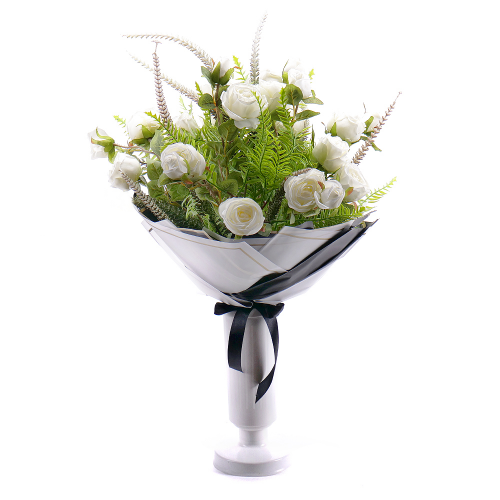 Irigo smuteční kytice bílé květy s vázou