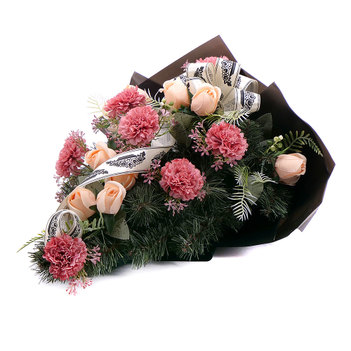 Irigo smuteční kytice růžovo-meruňkové karafiáty a růže