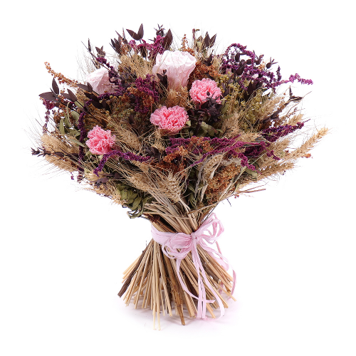 Irigo sušená kytice preparované růže Monalisa pink a preparované karafiáty