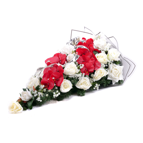 Irigo smuteční kytice bordové a bílé květy