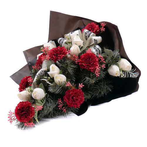 Irigo smuteční kytice bordově-bílé karafiáty a růže