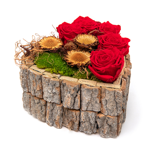 In eterno dřevěný box srdce červené růže a přírodní květiny