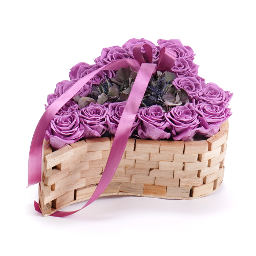 In eterno dřevěný box srdce 15 fialových růží hortenzie