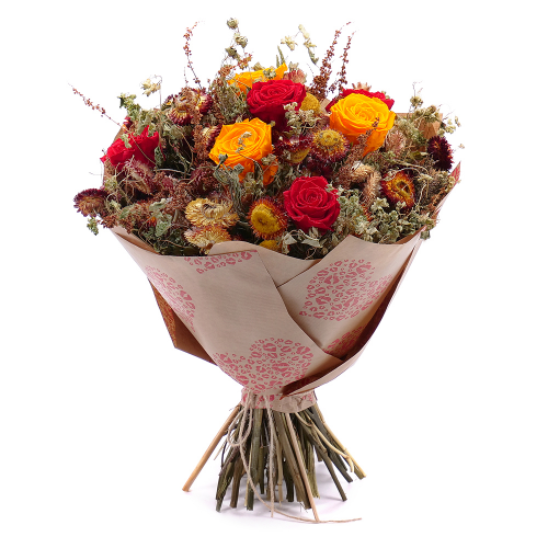 Irigo sušená kytice preparované červené a oranžové růže