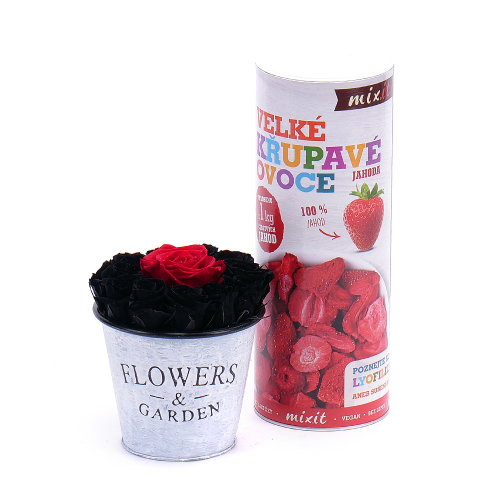 Dárkový set In eterno plechový kyblíček černé růže a sušené jahody