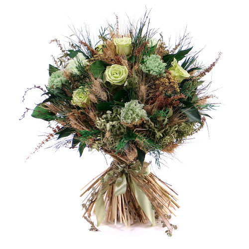 Irigo sušená kytice preparované zelené růže a karafiáty