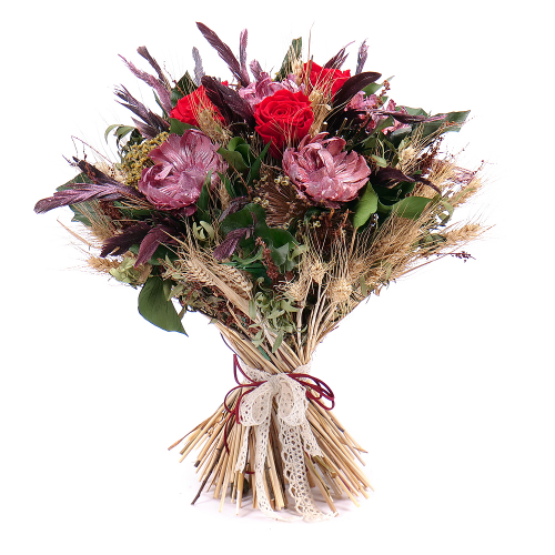 Irigo sušená kytice preparované červené růže Monalisa a peří