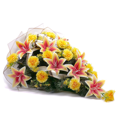 Irigo smuteční kytice lilie a žluté růže