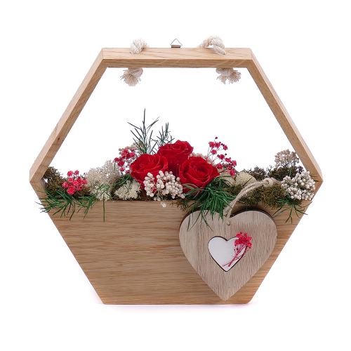 In eterno dřevěný hexagon červené růže, mech na zavěšení