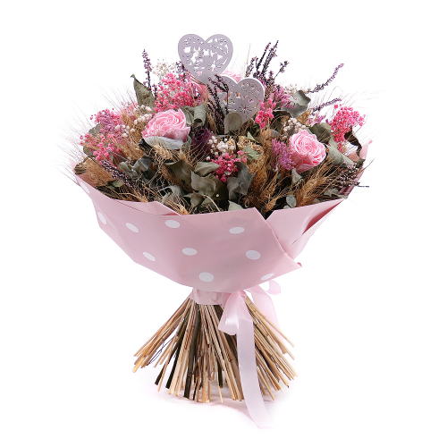 Irigo sušená kytice preparované růže Monalisa baby pink