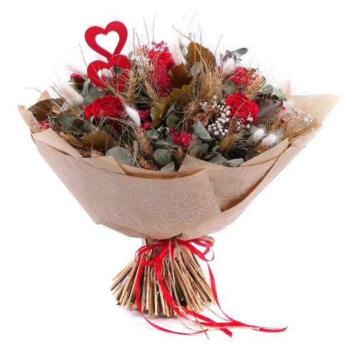 Irigo sušená kytice preparované růže Monalisa red srdíčka