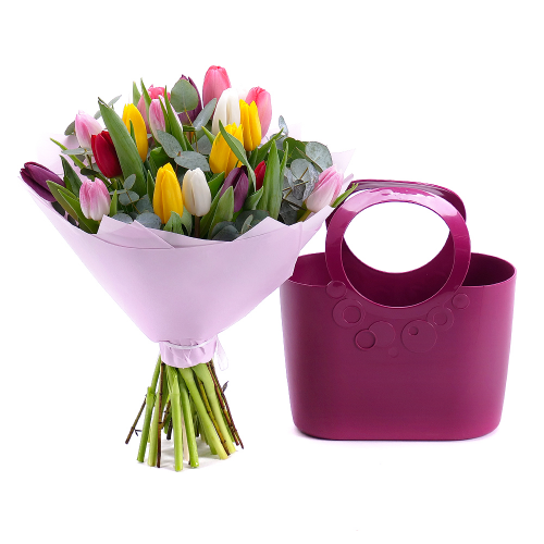 Květinová taška Sweet tulipány a eukalypt