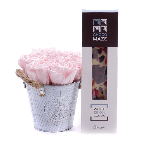 In eterno plechový box 7 růží pink champagne a čokoláda