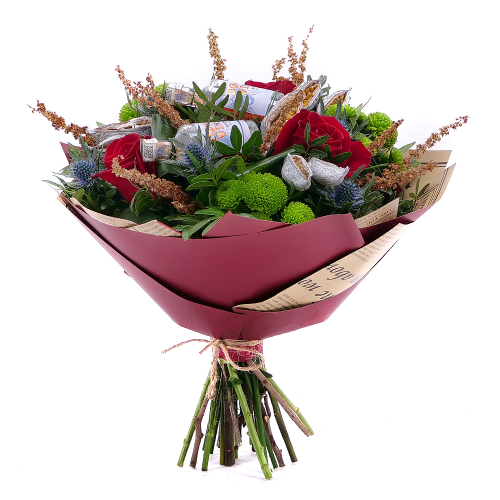 Kytice pro pána červené růže, santiny a slivovice mini
