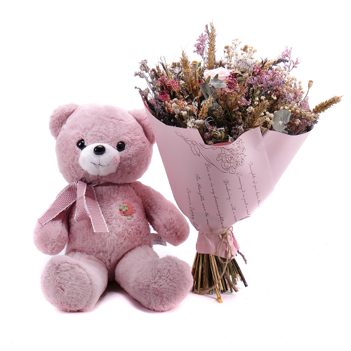 Irigo sušená kytice s preparovanou růží s medvídkem