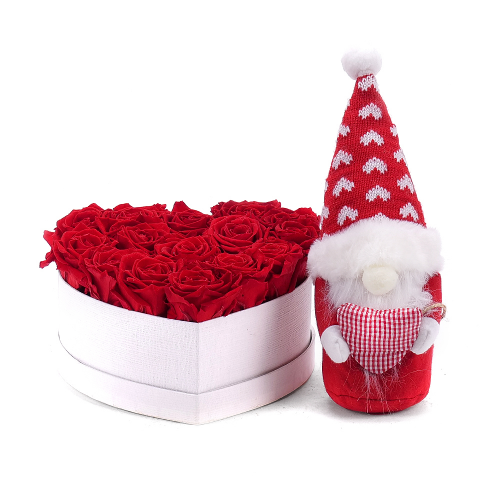 In eterno bílé srdce "M" 15 rudých růží s červeným trpaslíkem