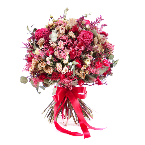 Irigo sušená kytice růžové trsové růže a preparované růže pink franboise