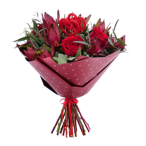 FLOLIVERY Sweet červené růže leucadendron Valentýn
