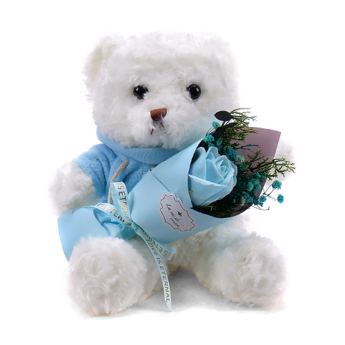 Medvídek bílý plyšový v modrém tričku s kytičkou
