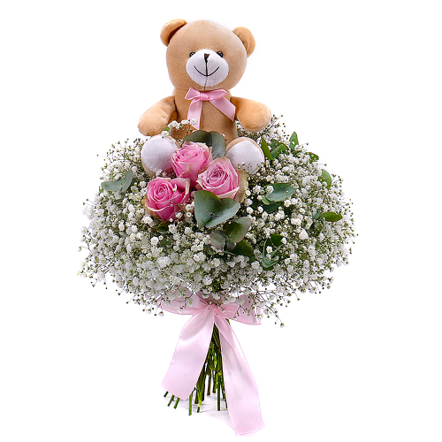 Kytice pro dívku růžové růže a plyšový medvídek