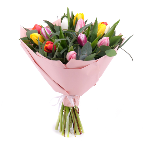 Sweet barevné tulipány a eukalypt mix