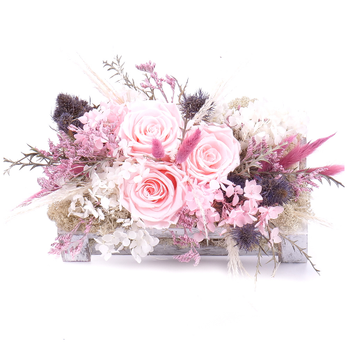 FLOLIVERY Irigo dřevěný box tři růže Monalisa pink champagne