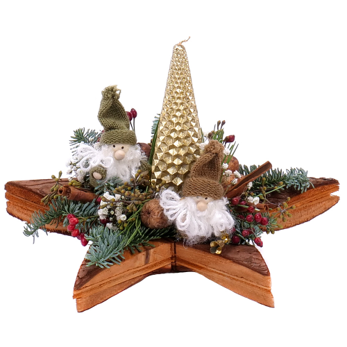 Aranžmán drevená hviezda zlatá sviečka