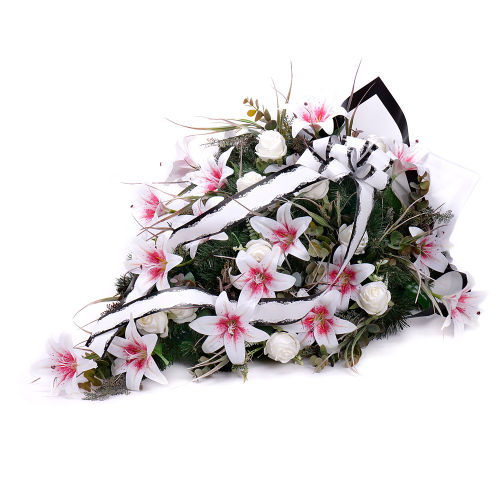 Irigo smútočná kytica ružové ľalie a biele ruže