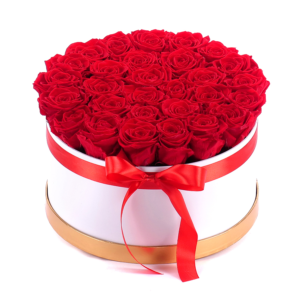In eterno bílý kulatý box "XXL" 29 červených růží