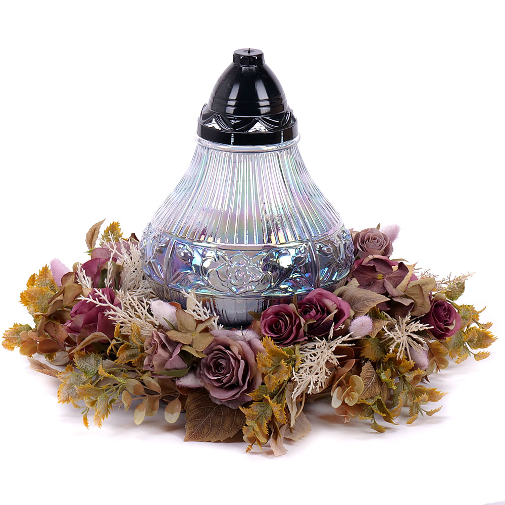 Irigo smútočný veniec, sklenený kahanec fialové kvety